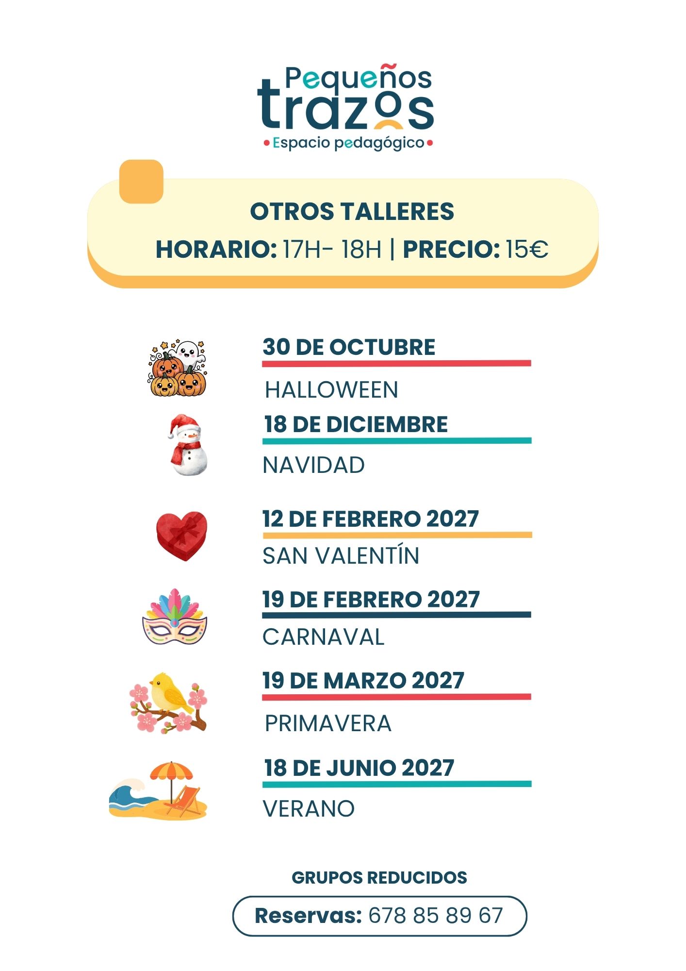 talleres especiales nuevo horario 26-27 Cartel talleres infantiles en Vélez-Málaga: Halloween, Navidad, San Valentín, Carnaval, Primavera y Verano